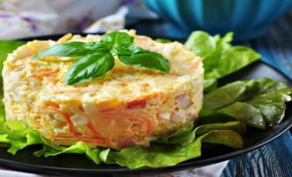 Рецепт вкусного салата с корейской морковкой и крабовыми палочками
